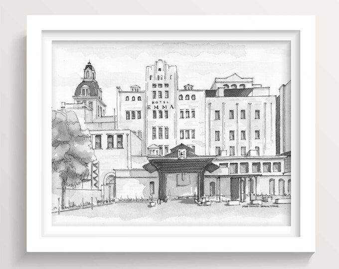 HOTEL EMMA - San Antonio, Texas, Boutique Hotel Wedding Invitation, Pen and Ink Drawing, Architecture Painting, Drawn There