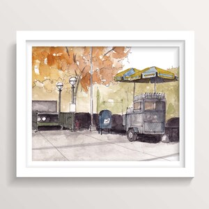 ホットドッグカート - ニューヨーク市地下鉄入口の歩道の風景、インクと水彩の野外絵画、アートプリント、そこに描かれたもの