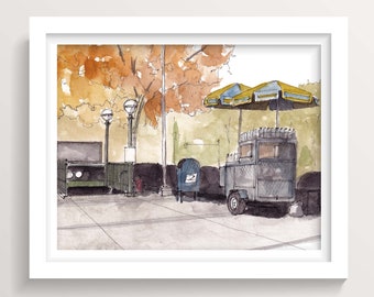 HOT DOG CART - New York City Subway Entrance Sidewalk Scene, Ink and Watercolor Plein Air Painting, Art Print, Drawn There