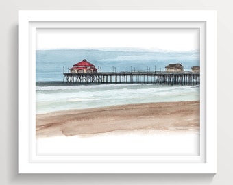 HUNTINGTON BEACH PIER - Southern California, Pacific, Architecture, Landscape, Drawing, Watercolor Painting, Sketchbook, Art, Drawn There