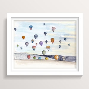 RENO BALLOON RACE - Vol en montgolfière, encre de paysage colorée et aquarelle peinture en plein air, gravure d’art, dessiné là