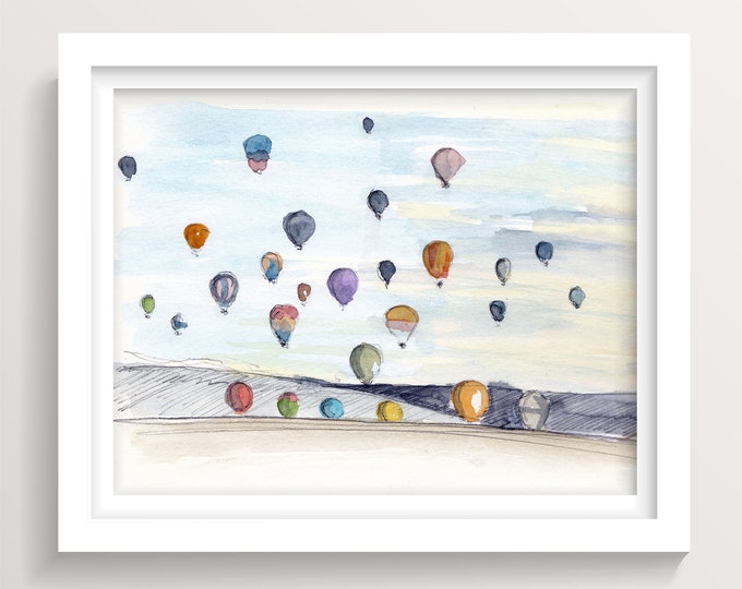 RENO BALLOON RACE - Hot Air Balloon Flying, Colorful Landscape Ink and Watercolor Plein Air Painting, Art Print, Drawn There