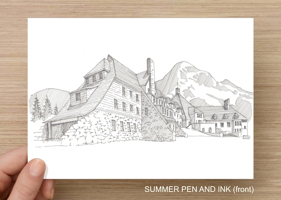 Timberline Lodge Pen And Ink Art Drawing Painting Hotel Ski Resort Mount Hood Skiing Oregon Architecture Drawn There