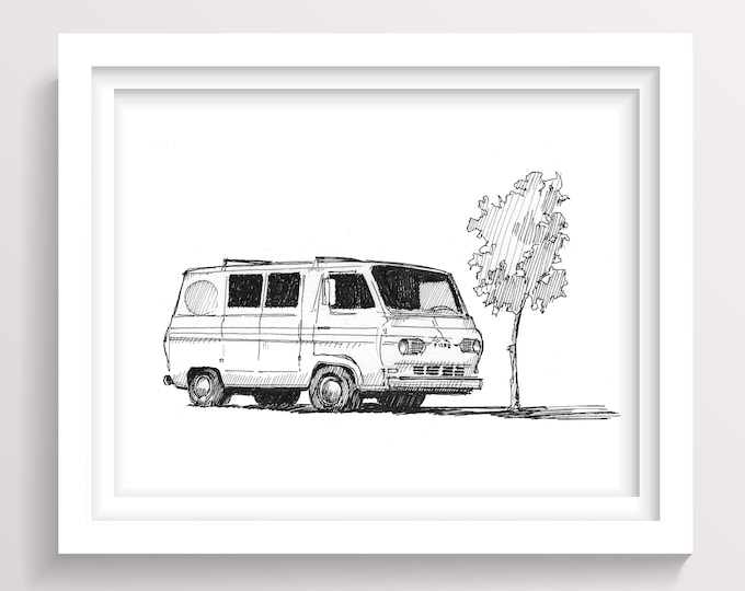 CLASSIC FORD VAN - Vintage Vehicle Art, Pen and Ink Drawing Sketch Art Print, Vanlife Camping Roadtrip, Minimalist Art, Drawn There