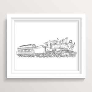 LOCOMOTIVE TRAIN ENGINE - Tweetsie Railroad 12, Passenger Car, Pen and Ink Line Drawing, Train Art, Giclee Print, Drawn There