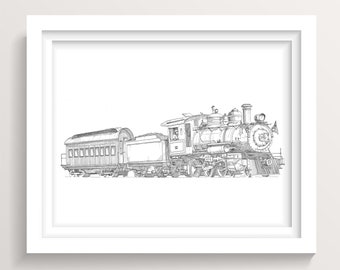 LOCOMOTIVE TRAIN ENGINE - Tweetsie Railroad 12, Passenger Car, Pen and Ink Line Drawing, Train Art, Giclee Print, Drawn There