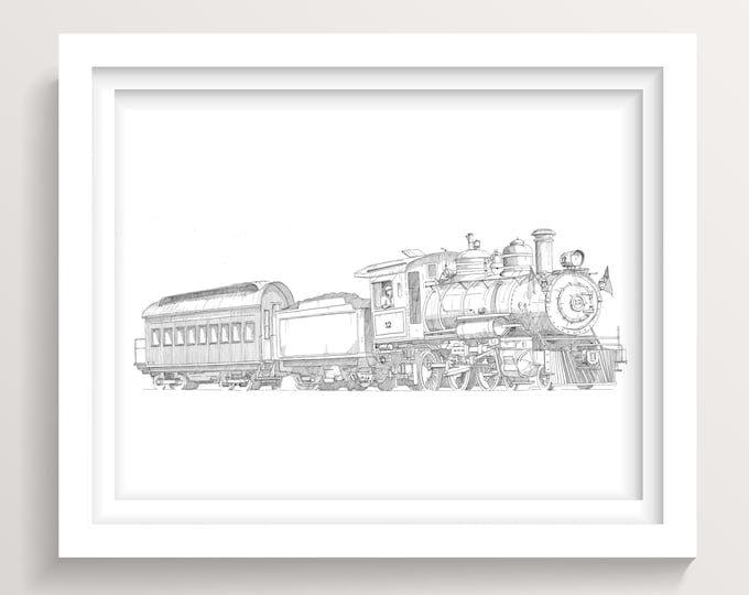LOCOMOTIVE TRAIN ENGINE - Tweetsie Railroad 12, Passenger Car, Pen and Ink Line Drawing, Train Art, Giclee Print, Drawn There