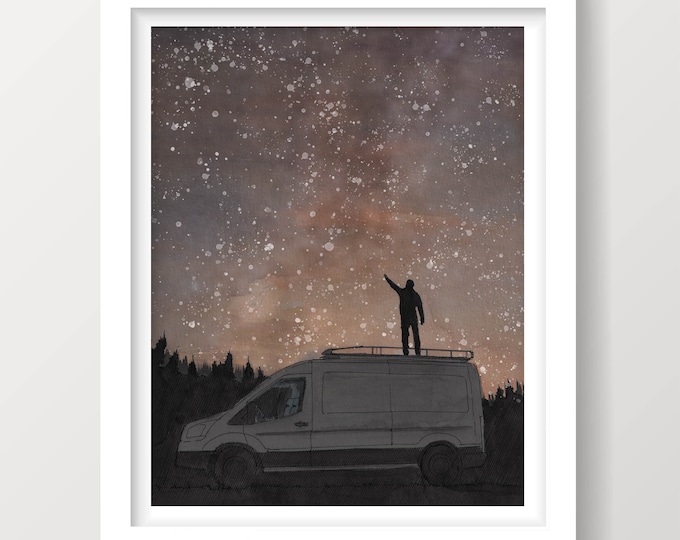 VANLIFE AT NIGHT - Milky Way Galaxy Starry Night Camping, Ink and Watercolor Painting Art Print