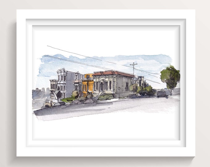 SAN FRANCISCO ARCHITECTURE - The Castro Hilly Streets, Hilltop, Plein Air Watercolor Painting, Sketchbook Art, Wall Art Print, Drawn There