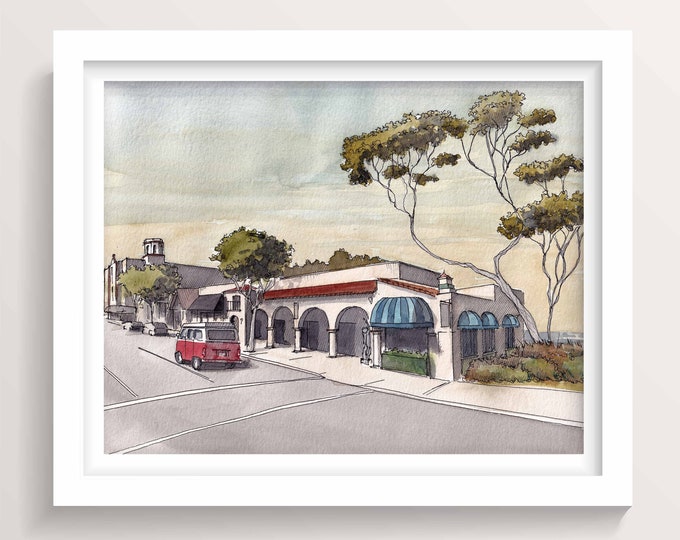 LAGUNA BEACH - Greeters Corner, California Beach Town, Watercolor Painting, Art Print, Beach House Wall Art, Drawn There