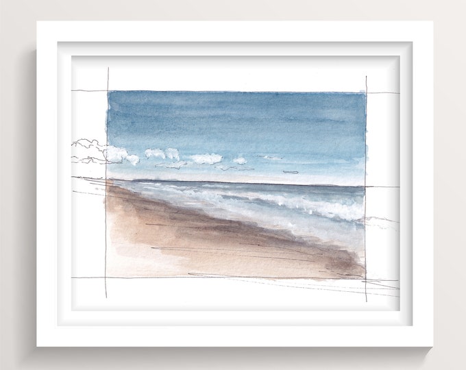 BEACH AND WAVES - Outer Banks, North Carolina, Ocean, Plein Air Ink and Watercolor Painting, Art Print, Drawn There