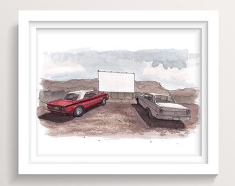 DRIVE IN MOVIE - Movie Theater, Classic Cars, Corvair, Ford Falcon, Plein Air Ink and Watercolor Painting, Sketchbook Art Print, Drawn There