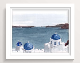 Santorini Blue Domes, Greece | Digital Download | Pencil & Watercolor Sketch