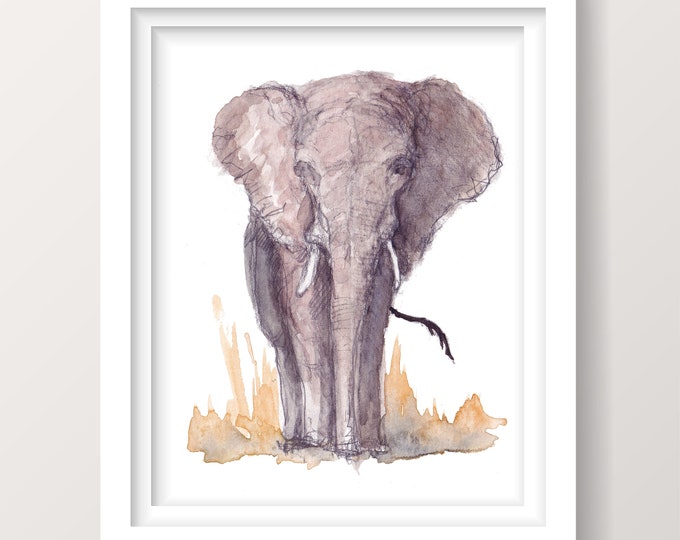 ELEPHANT - Ink and Watercolor Painting, Drawing, Animal Art, African Safari, Drawn There