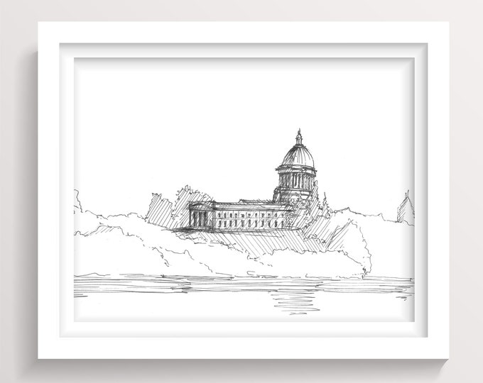 OLYMPIA WASHINGTON SKYLINE - Capitol Building Classical Architecture Wall Art, Pen and Ink Drawing, Drawn There