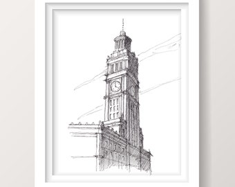 WRIGLEY BUILDING CHICAGO - Clock Tower, Plein Air Pen and Ink Drawing, Architecture, Urbansketcher, Art Print, Drawn There
