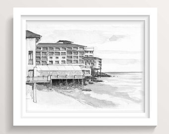MONTEREY PLAZA HOTEL - Cannery Row, Beachfront Resort, Ocean, Monterrey, California, Dibujo de arquitectura con pluma y tinta, Impresión artística, Dibujado allí