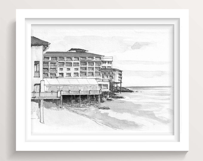 MONTEREY PLAZA HOTEL - Cannery Row, Beachfront Resort, Ocean, Monterey, California, Pen and Ink Architecture Drawing, Art Print, Drawn There