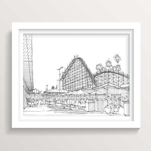SANTA CRUZ BOARDWALK - Rollercoaster, Amusement Park, Rides, Beach, Ocean, California, Pen and Ink, Drawing, Sketchbook, Art, Drawn There