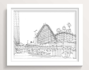 SANTA CRUZ BOARDWALK - Rollercoaster, Amusement Park, Rides, Beach, Ocean, California, Pen and Ink, Drawing, Sketchbook, Art, Drawn There