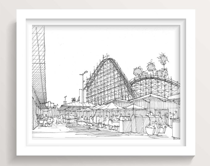 SANTA CRUZ BOARDWALK - Rollercoaster, Amusement Park, Rides, Beach, Ocean, California, Pen and Ink, Drawing, Sketchbook, Art, Drawn There