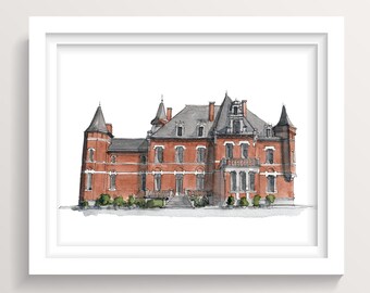CHATEAU LACOURT ARCHITECTURE - European Art, Wedding Invitation Wedding Venue, Ink and Watercolor Painting, Art Print, Drawn There