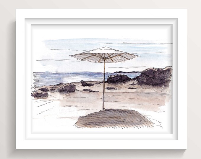 CABO BEACH UMBRELLA - Cabo San Lucas, Mexico, Ocean, Baja Sur, Plein Air Ink and Watercolor Painting, Travel Sketchbook, Art, Drawn There