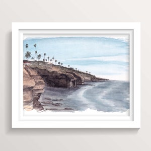 ACANTILADOS DEL SUR AL ATARDECER - San Diego, Ocean Beach, Ocean, California, Pintura al aire libre con tinta y acuarela, Impresión artística, Dibujado allí