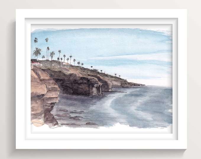SUNSET CLIFFS SOUTH - San Diego, Ocean Beach, Ocean, California, Plein Air Ink and Watercolor Painting, Art Print, Drawn There