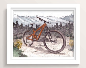 MOUNTAIN BIKE - Yeti, Whistler Mountains, Trail, Biking, Ink and Watercolor Painting, Drawing, Landscape, Giclee Art Print, Drawn There