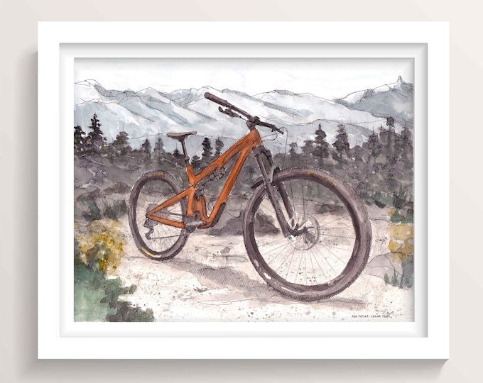 MOUNTAIN BIKE - Yeti, Whistler Mountains, Trail, Biking, Ink and Watercolor Painting, Drawing, Landscape, Giclee Art Print, Drawn There