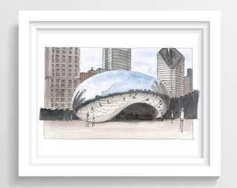 CLOUD GATE CHICAGO - The Bean Sculpture, Millennium Park, Ink & Watercolor Plein Air Painting, Drawing, Urbansketchers, Drawn There