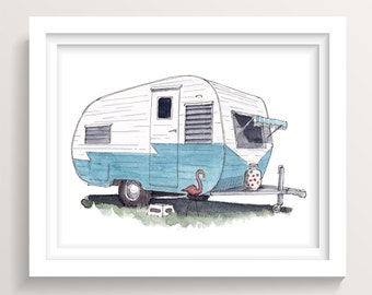 VINTAGE CAMPER und FLAMINGO - Petrol Camper Anhänger, Camping, Roadtrip, Tusche und AquarellMalerei, Kunst, gezeichnet