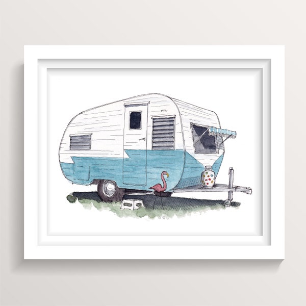 VINTAGE CAMPER and FLAMINGO - Teal Camper Trailer, Camping, Roadtrip, Ink and Watercolor Painting, Art, Drawn There