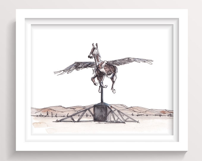 BLACK ROCK CITY 2023 - Wings of Glory, Pegasus, Playa Art, Ink and Watercolor Painting, Drawn There