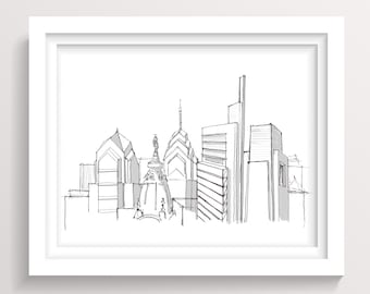 PHILADELPHIA SKYLINE - Pen and Ink Line Drawing, Architecture Sketch, Wall Art Print, City, Urban, Skyscraper, Drawn There