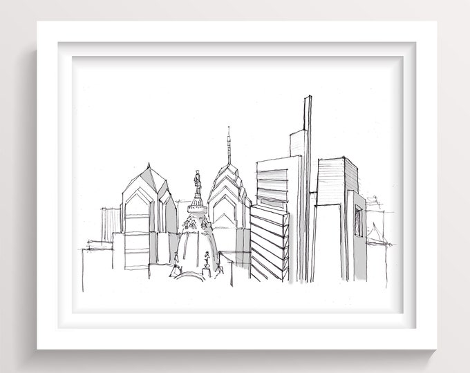 PHILADELPHIA SKYLINE - Pen and Ink Line Drawing, Architecture Sketch, Wall Art Print, City, Urban, Skyscraper, Drawn There