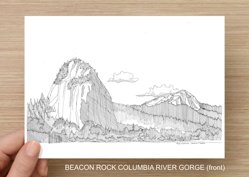 May include: Black and white line drawing of Beacon Rock in the Columbia River Gorge. The drawing shows the rock face and surrounding trees.