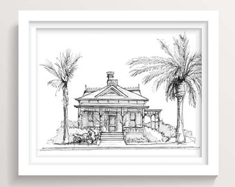 TOP GUN HOUSE - Oceanside, California, Victorian House Architecture, Pen and Ink Drawing Painting, Movie Wall Art Print, SoCal, Drawn There