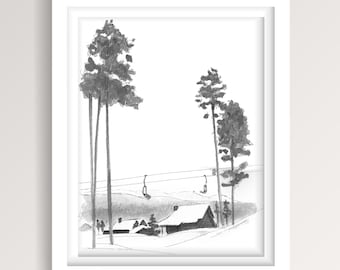 BIG SKY CHAIRLIFT - Skiing, Snowboarding, Ski, Snowboard, Winter Sports, Ink Drawing Sketchbook Art, Ski House Lodge Art Print, Drawn There