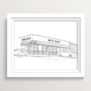 WAFFLE HOUSE in South Carolina - I-95, Breakfast, Restaurant, Architecture, Coffee, Pen and Ink, Drawing, Art Print, Sketch, Drawn There