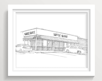 WAFFLE HOUSE in South Carolina - I-95, Breakfast, Restaurant, Architecture, Coffee, Pen and Ink, Drawing, Art Print, Sketch, Drawn There