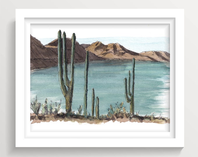 PLAYA EL COYOTE - Baja Mexico Cactus, Bahia de Concepcion Ocean Cove, Desert Moutnains Watercolor Landscape Painting, Mexico Art