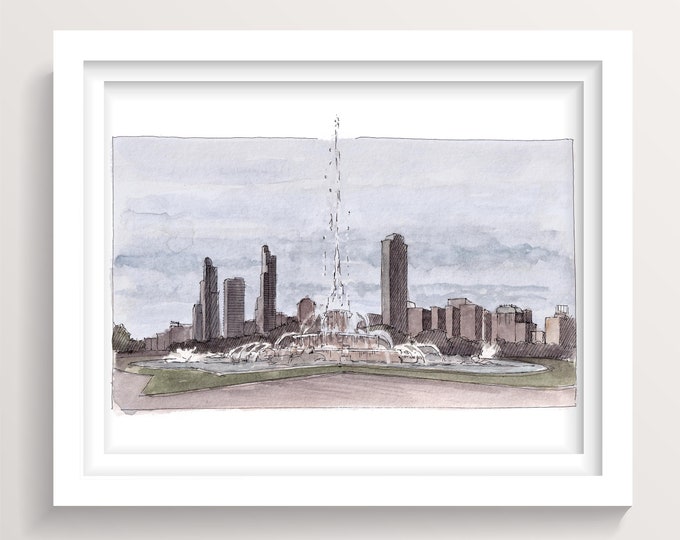 BUCKINGHAM FOUNTAIN CHICAGO - Grant Park, City Skyline, Plein Air Ink and Watercolor Painting, Ink Drawing, Art Print, Drawn There