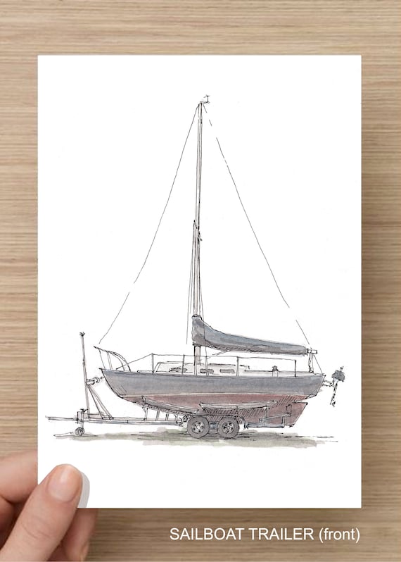 SMALL SAILBOAT Sailing Boating Art Bay Ink and Watercolor Painting Nautical Boat Ocean Drawn There Drawing