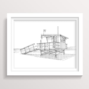 May include: A black and white line drawing of a lifeguard stand on a beach. The stand has a small roof and a ladder leading up to it. There is a person standing on the platform of the stand.