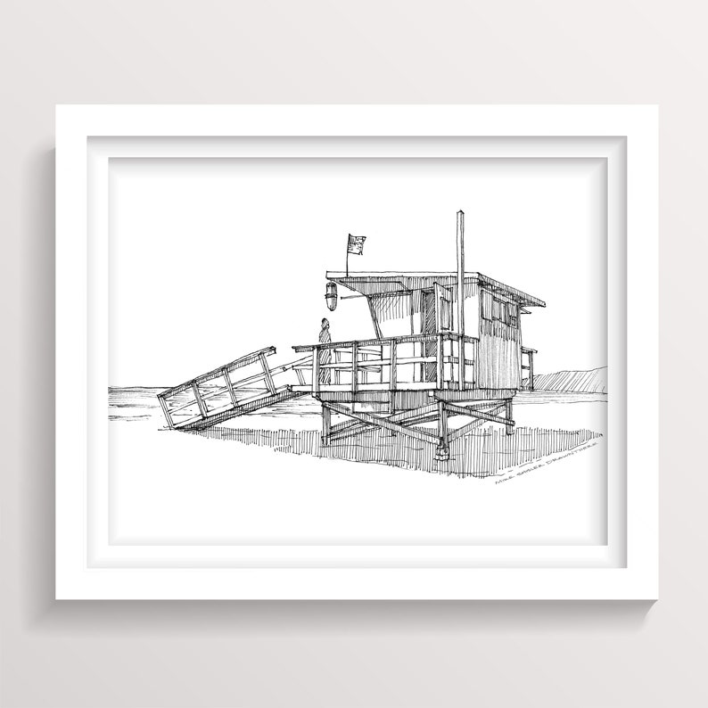 May include: A black and white line drawing of a lifeguard stand on a beach. The stand has a small roof and a ladder leading up to it. There is a person standing on the platform of the stand.