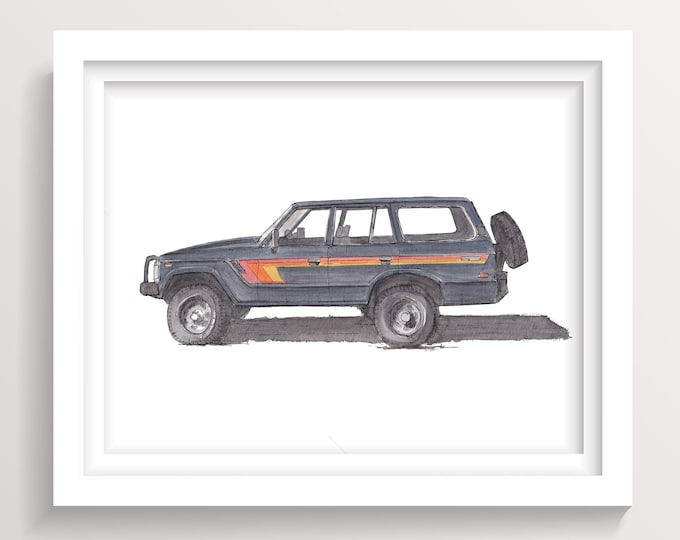 TOYOTA LAND CRUISER - 1980's, Off-Road, 4x4, Classic Truck, Ink & Watercolor Drawing, Painting, Art Print, Drawn There