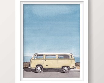 YELLOW VAN BUS - Blue Sky, Vintage Classic Vanlife, Plein Air Watercolor Painting, Drawing, Sketchbook, Art Print, Drawn There