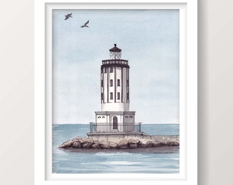 ANGELS GATE LIGHTHOUSE - Los Angeles, California, San Pedro Breakwater, Sailing, Nautical Art, Ink, Watercolor Painting, Drawing Drawn There